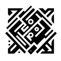 Symmetrical Black and White Geometric Composition with PO Letterforms Integrated into a Labyrinthine Abstract Pattern on a Square White Background. vector