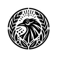 Stylized Black and White RavenCrow Crest in a Laurel Wreath with Radiant Sunburst Background, Minimalist . vector