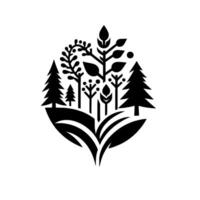 Stylized Black and White Forest Silhouette in LeafShaped Frame, Minimalist with Trees, Plants, and Organic Elements. vector