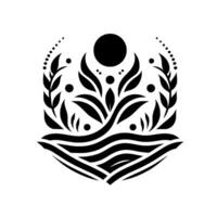 Abstract black and white botanical emblem, featuring stylized leaves, branches, dots, and a central sphere above layered wavelike patterns, evoking natures grace. vector