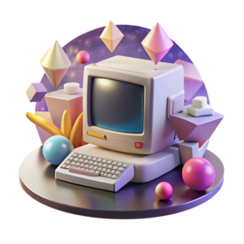 sereno artístico retro Área de Trabalho computador transparente com monitor e teclado para tecnologia história Alto resolução png