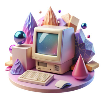 sereno artístico retro escritorio computadora transparente con monitor y teclado para tecnología historia png