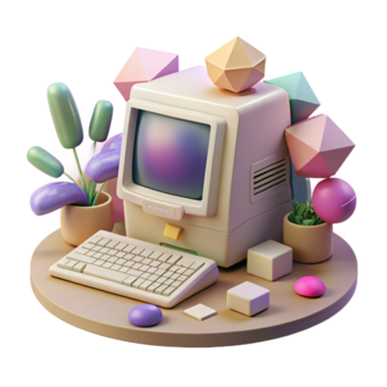 extraordinario minimalista retro escritorio computadora transparente con monitor y teclado para tecnología historia detallado png