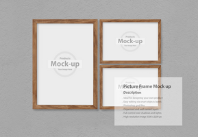 Three picture frames mock-up template in front of wall psd