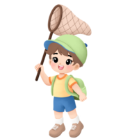 Adventure kid playing outside watercolor illustration, catching a bug using bug net png