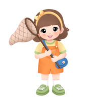 Adventure girl playing outside watercolor illustration, holding a bug net png