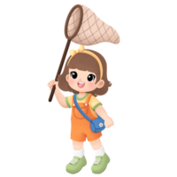 Adventure girl playing outside watercolor illustration, catching a bug using bug net png
