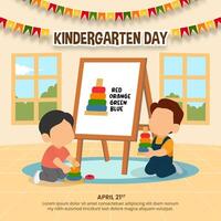 Kindergarten Day Design with children playing color stacking donut vector