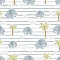 Seamless pattern cute elephant with palm trees on striped background. Can be used for wrapping paper, fabric, textile, wrapping paper, fabric, textile. vector