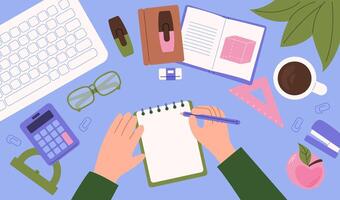 Flat lay of student workspace with stationery vector
