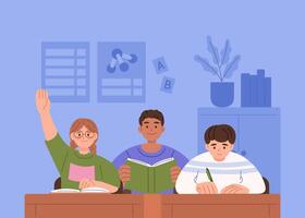 Students learning and participating in classroom vector