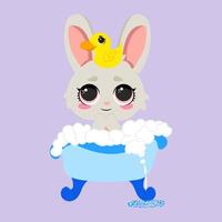 Adorable bunny taking a bath with a rubber duck on its head vector