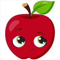 Sad red apple with large green eyes and a disappointed expression. Fun and expressive fruit illustration, ideal for healthy eating concepts, stickers, packaging, and educational materials vector