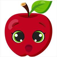 Surprised red apple with big green eyes and a shocked expression. A fun and expressive fruit illustration, perfect for food-related designs, packaging, stickers, and educational content vector