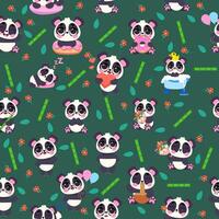 Seamless pattern featuring adorable pandas with bamboo, flowers, and cute expressions on a dark green background. Ideal for fabric, wallpapers, childrens designs, and gift wrapping vector