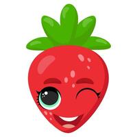 Winking strawberry emoji with a cheerful smile and playful expression. A fun and expressive fruit character, perfect for stickers, digital art, food-themed illustrations, and creative designs vector