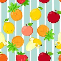 Seamless pattern with fresh tropical fruits on a striped background. Features bananas, lemons, apples, peaches, pineapples, and strawberries vector