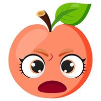 Angry peach with expressive eyes and a surprised facial expression. A unique fruit illustration perfect for stickers, emoticons, healthy food concepts vector