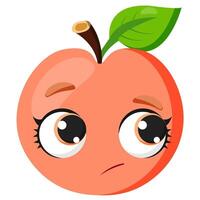 Shy peach with a thoughtful expression, big eyes, and a fresh, juicy texture. A playful fruit design perfect for stickers, healthy food concepts, summer visuals, and organic product packaging vector