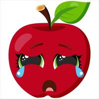 Crying red apple with big green eyes and a sad expression. A unique fruit illustration conveying emotion, great for food packaging, educational materials, emoticons, and expressive designs vector