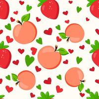 Seamless pattern with peaches, strawberries, and heart elements on a white background. Vibrant and romantic design, perfect for packaging, textiles, wallpapers vector