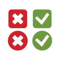 Green check mark, red cross mark icon set. Isolated tick symbols, checklist signs, approval badge. vector