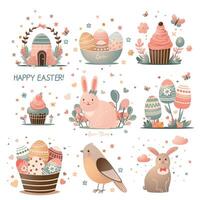 retro flat set of easter decor elements in cute flat style with gradient effect .simple vintage group with easter details vector