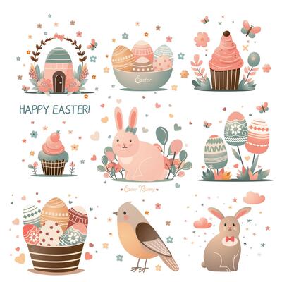 retro flat set of easter decor elements in cute flat style with gradient effect .simple vintage group with easter details