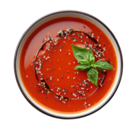 bowl of vibrant tomato soup garnished with fresh basil leaves and sprinkled with sesame seeds, drizzled with olive oil, creating delicious and appetizing presentation png