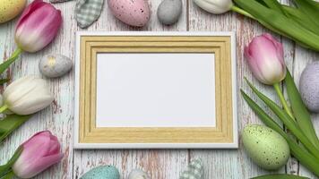 Easter decoration with empty frame and tulips on rustic wooden background video