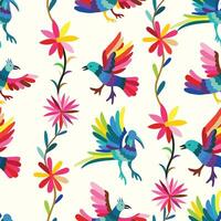 Design for wallpaper, wrapping paper, background, fabric. Colorful Mexican Traditional Textile Embroidery Style. Seamless pattern with birds and flowers on white background vector