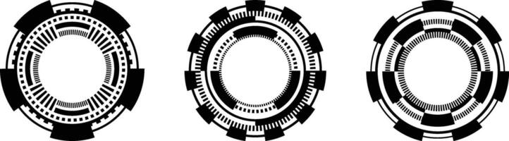 Three circular, geometric shapes, designed in black and white, resembling technology or futuristic interfaces. vector
