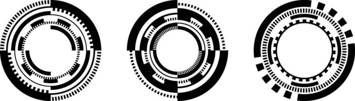 three concentric circles, each with a complex geometric pattern of black and white shapes. vector