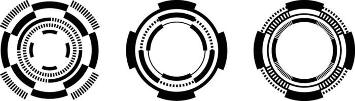 Three circular, black and white geometric shapes with a complex, layered design, perfect for use in presentations, digital graphics, or web design. vector