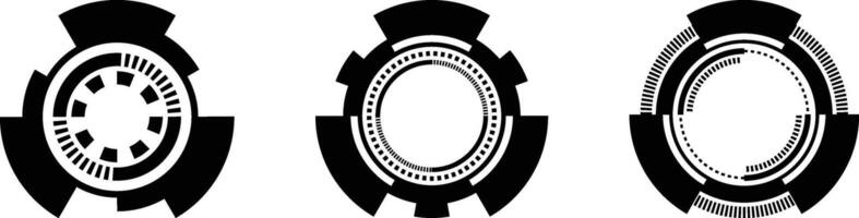 Three repeating circular graphic elements, appearing as technology interface or dashboard displays, in a simple black and white style. vector