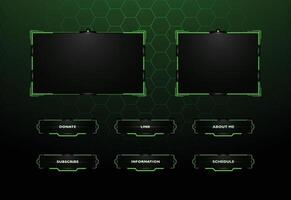 Modern tech inspired streaming overlay design featuring a dark background with vibrant green accents. vector