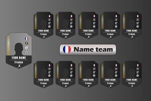 Customizable football player cards with France flag and team name on dark background. Sports gaming template for design vector