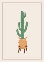 Potted cactus on a new home greeting card, print, poster, or banner. Housewarming party invitation with house plant on a wicker basket. New place to live in postcard. Flat illustration. vector