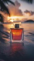 beautiful bottle of perfume with pink orange liquid inside, set against stunning sunset backdrop, evokes sense of elegance and tranquility photo
