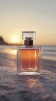 beautiful bottle of perfume with pink orange liquid inside, set against serene beach sunset, evokes sense of tranquility and elegance photo