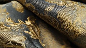 Elegant dark blue textile with gold ornate pattern luxurious fabric texture subtle sheen rich detail sophisticated design photo