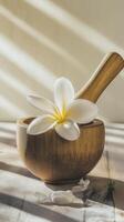 wooden mortar and pestle with white frangipani flower, creating serene and natural atmosphere photo