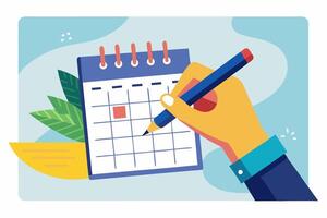 Flat illustration of a hand with a pen marking a calendar. Ideal for scheduling, planning, and time management designs. Simple style for apps, websites, and productivity visuals. vector