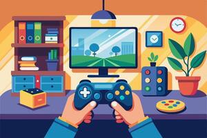 Flat illustration of a person playing a game console. Ideal for gaming, entertainment, and tech-related designs. Modern and simple style for versatile applications. vector