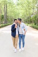Joyful gay couple smiling and hugging while strolling in park photo