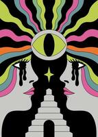 Surreal Psychedelic Eye with Dual Faces and Staircase vector
