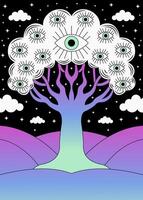 Surreal Tree of Eyes with Cosmic Dreamscape Background vector