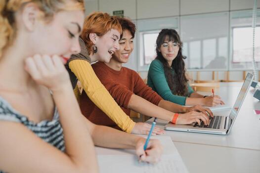 Diverse students studying together using netbook in university photo