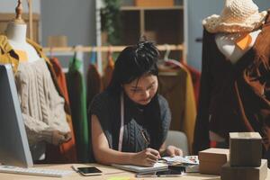 A woman is working on a project in a clothing store photo