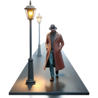 vibrant artistic A man in a trench coat walking down a foggy street, lit by a single streetlight, solitary noir atmosphere genuine png
